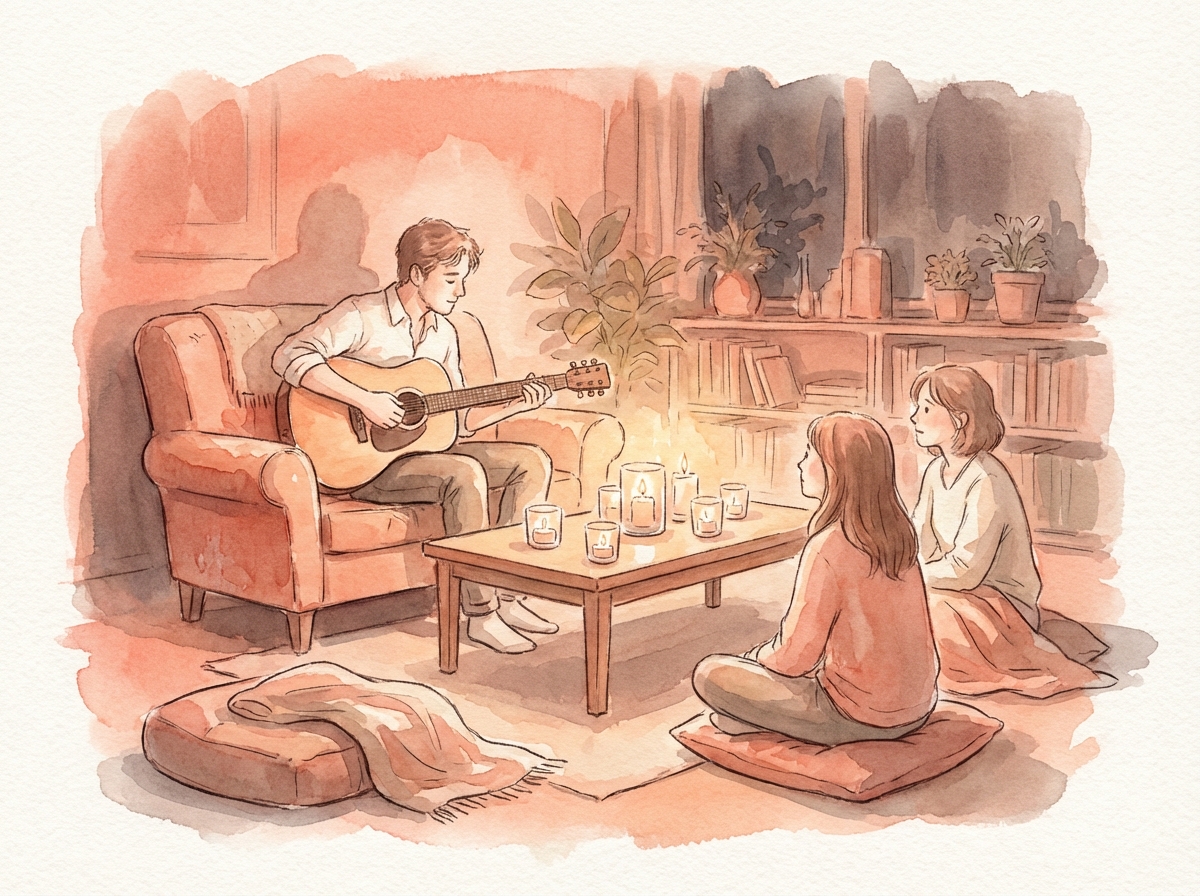 Musician playing guitar in an intimate setting